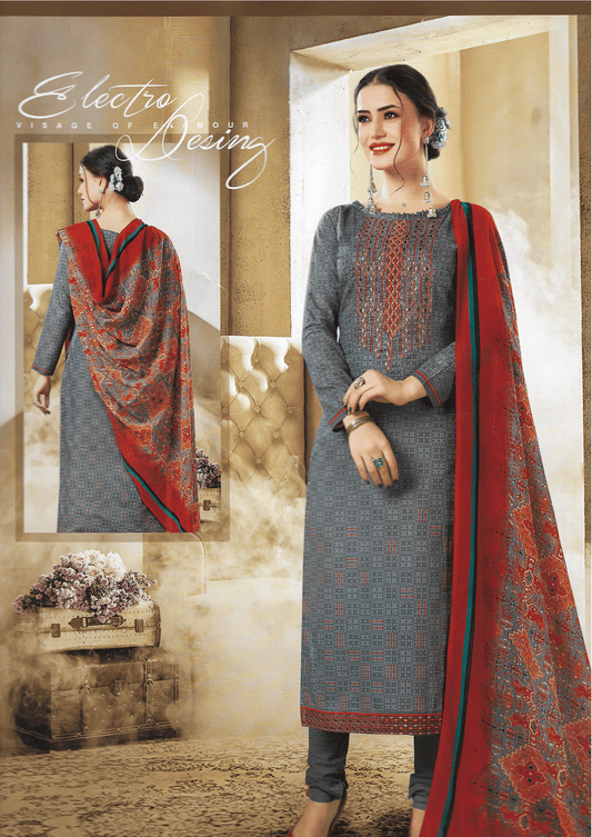 Seasons Lawn Cotton Teal Blue And Red Asian Suit 10201